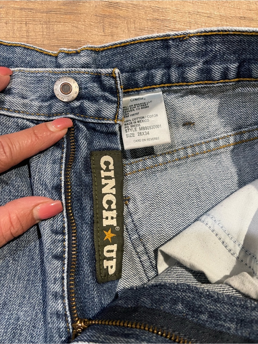 Cinch Light Blue Washed Denim Jeans with Gold Stitching
